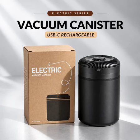 A black cylindrical electric vacuum canister shown next to its brown cardboard packaging box on a light gray studio background, with text reading 'ELECTRIC SERIES VACUUM CANISTER' and 'USB-C RECHARGEABLE'.