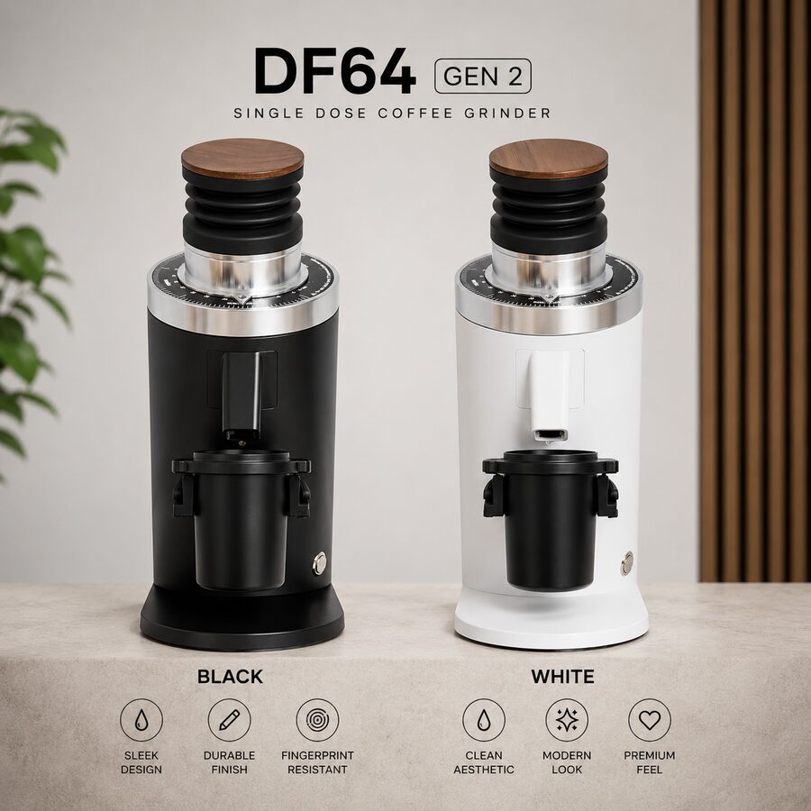 DF64 Gen 2 single-dose grinder in black and white